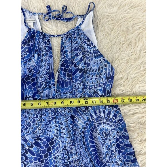 BOSTON PROPER Size 10 Boho Summer Peasant Tiered Maxi Dress Blue Feather Print - Picture 3 of 13